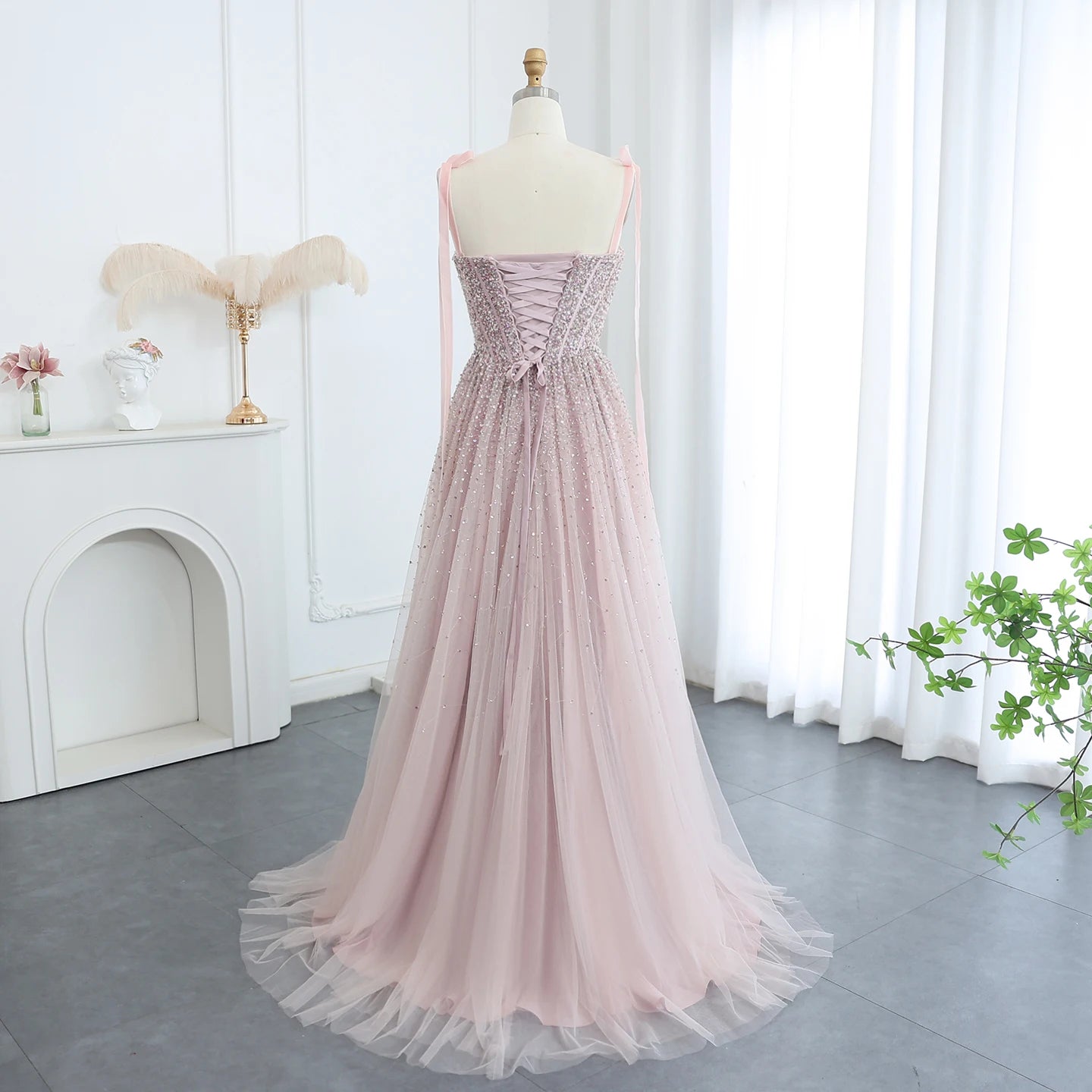 Pink Wine Red and Blush Pink Beaded Evening Gown with Straps — Dubai — Riviera Couture GCC Luxury Evening Gown