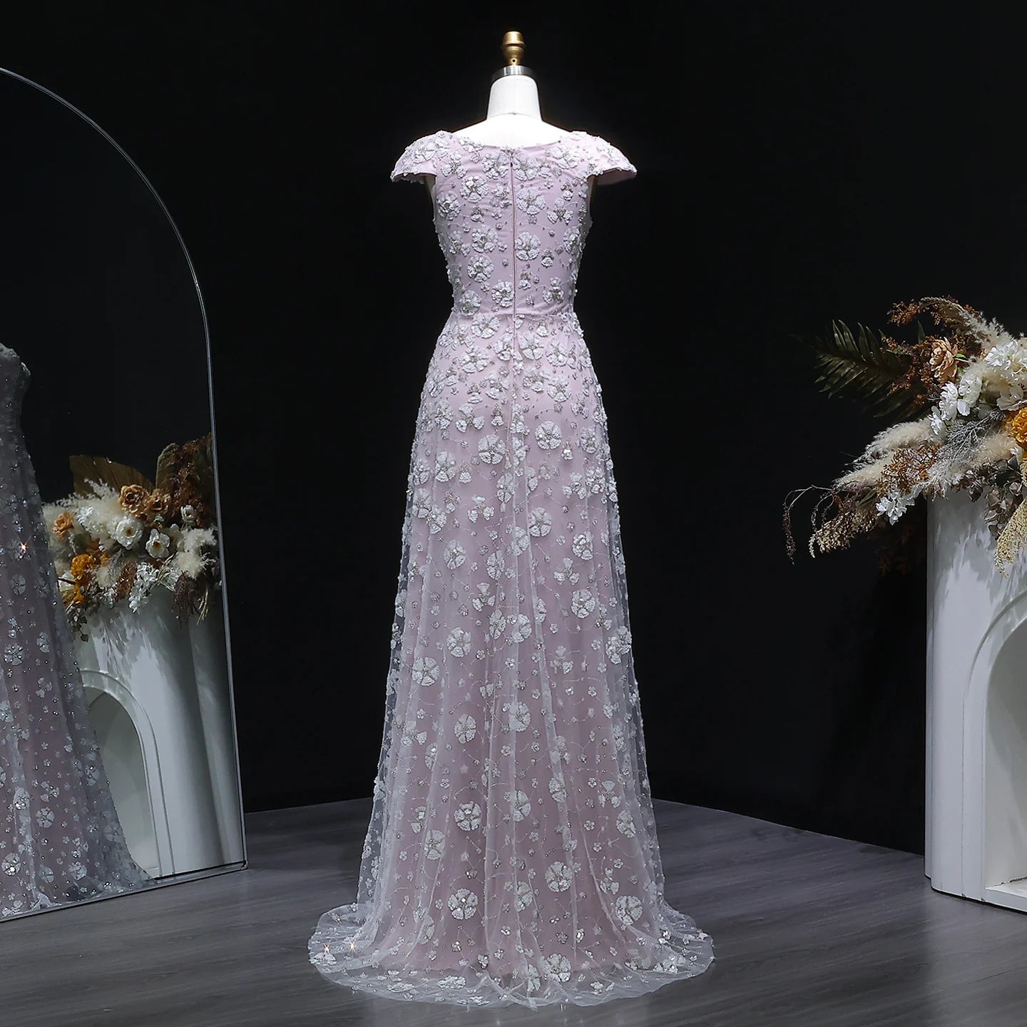 Pink Pink Floral A-Line Evening Gown — Square Neck Beaded Flowers GCC — Riviera Couture GCC Luxury Evening Gown