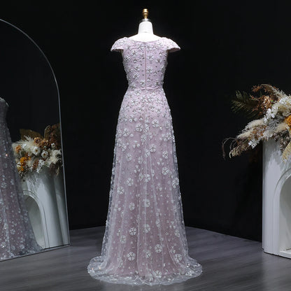 Pink Pink Floral A-Line Evening Gown — Square Neck Beaded Flowers GCC — Riviera Couture GCC Luxury Evening Gown