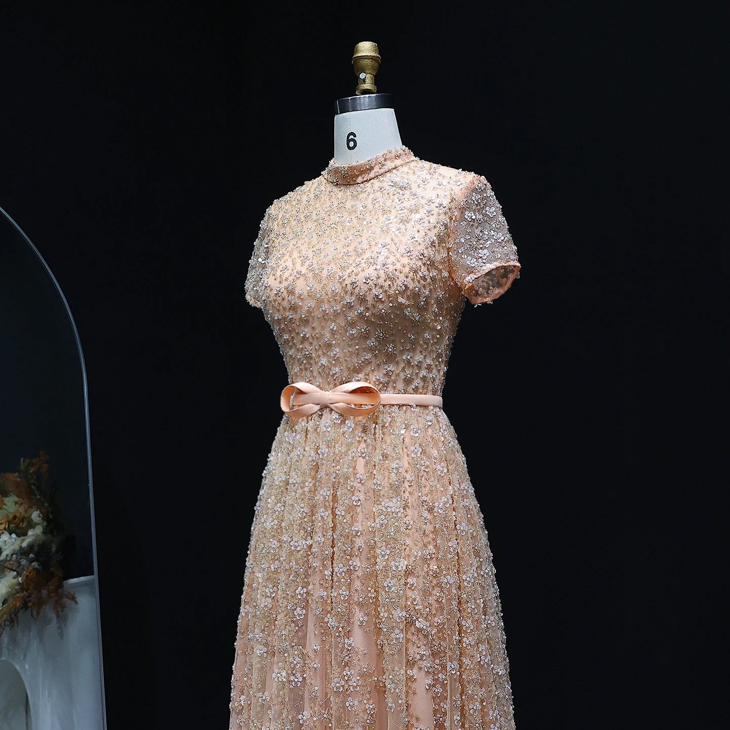Peach Peach Embroidered Evening Gown with Bow — Luxury Beaded Arabic — Riviera Couture GCC Luxury Evening Gown