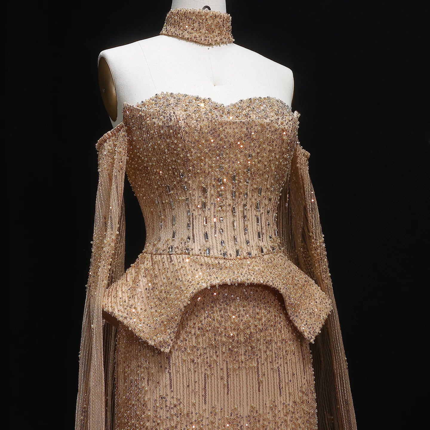 Gold Grey Crystal Off-Shoulder Evening Gown with Cape Sleeves — 2026 — Riviera Couture GCC Luxury Evening Gown