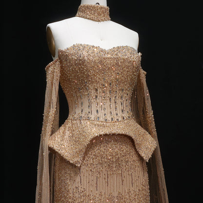 Gold Grey Crystal Off-Shoulder Evening Gown with Cape Sleeves — 2026 — Riviera Couture GCC Luxury Evening Gown