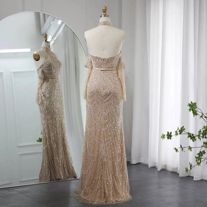 Halter Neck Pearl Gown with Gloves - Riviera Couture