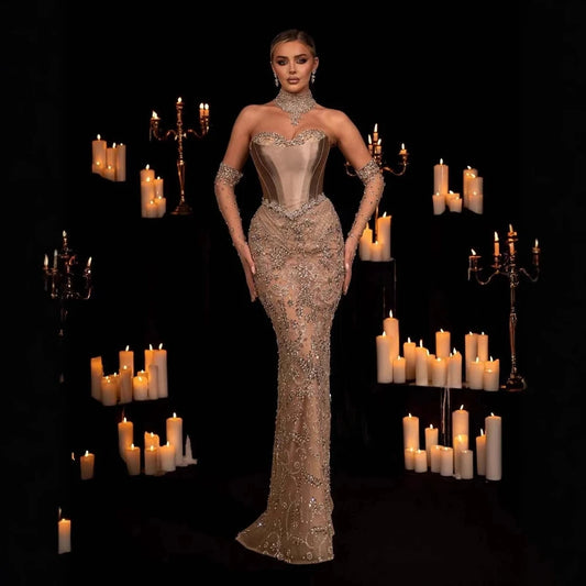 Champagne Beaded Mermaid Evening Gown with Gloves — Corset High Collar GCC — Riviera Couture GCC Luxury Evening Gown