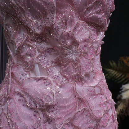 Pink A-Line Evening Gown with Scarf — Appliqué Beaded GCC Formal — Riviera Couture GCC Luxury Evening Gown