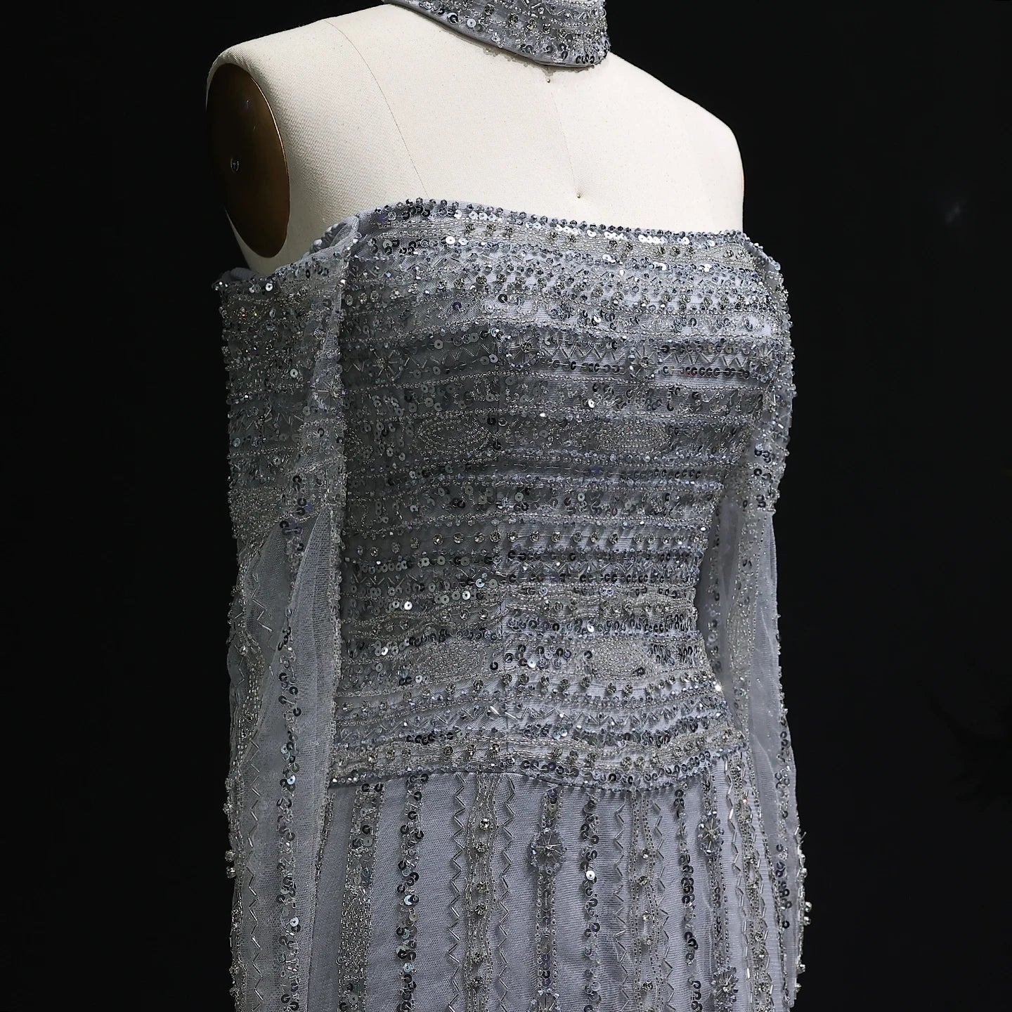 GRAY Pink Off-Shoulder Evening Gown with Choker — Heavy Beaded Long Sleeve — Riviera Couture GCC Luxury Evening Gown