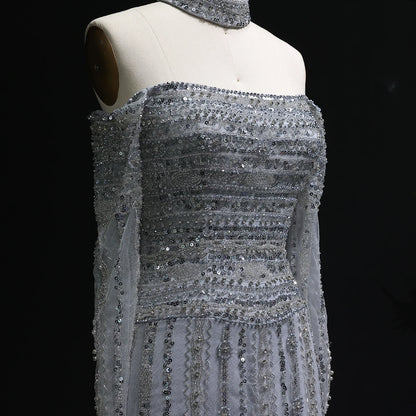 GRAY Pink Off-Shoulder Evening Gown with Choker — Heavy Beaded Long Sleeve — Riviera Couture GCC Luxury Evening Gown