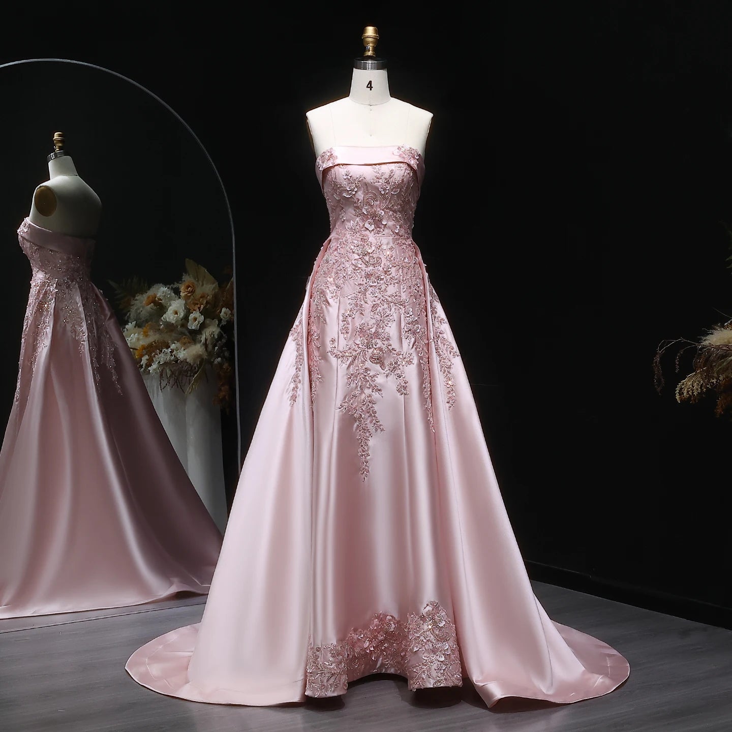 Pink Mermaid Evening Gown with Overskirt — 3D Flowers Sequined Modest — Riviera Couture GCC Luxury Evening Gown