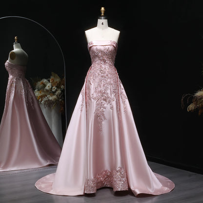 Pink Mermaid Evening Gown with Overskirt — 3D Flowers Sequined Modest — Riviera Couture GCC Luxury Evening Gown