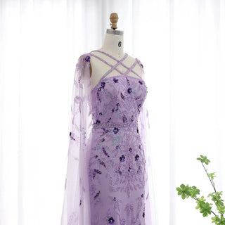 Lilac Evening Dress with Cape Sleeves and Criss Cross Neckline - Riviera Couture