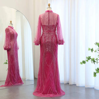 Fuchsia Mermaid Evening Dress High Neck Long Sleeves - Riviera Couture