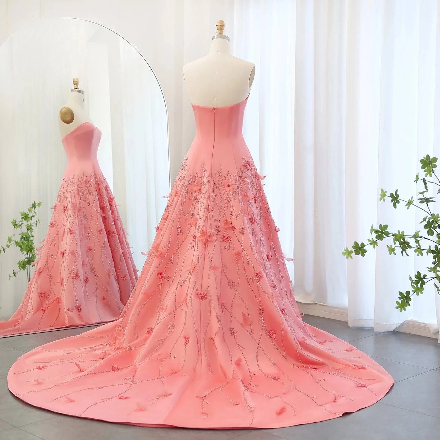 Feathers Coral Pink Evening Dress - Riviera Couture