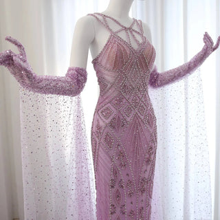 Lilac Evening Dress with Gloves - Riviera Couture