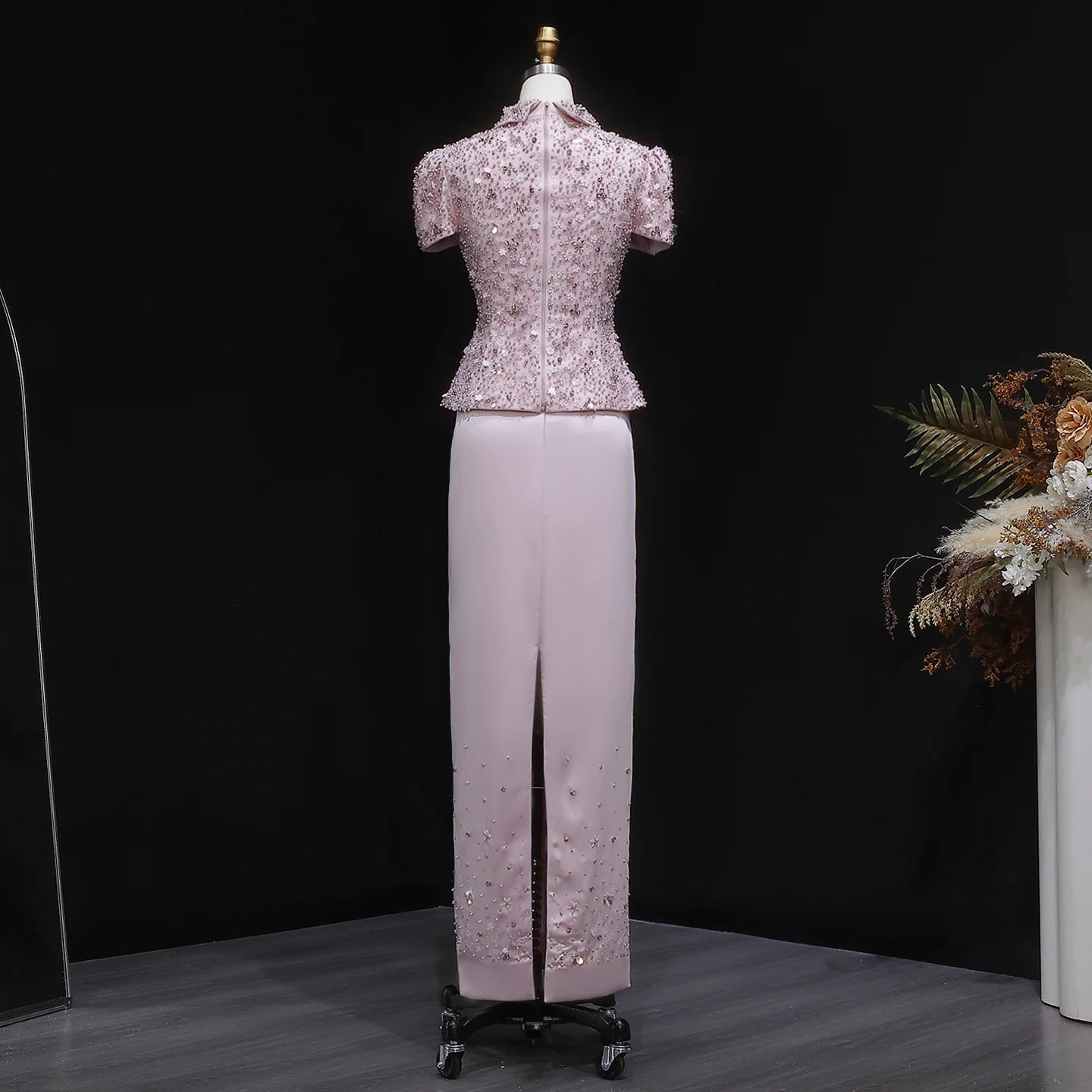 Pink Beaded Two-Piece Evening Gown — Short Sleeve Arabic Luxury — Riviera Couture GCC Luxury Evening Gown
