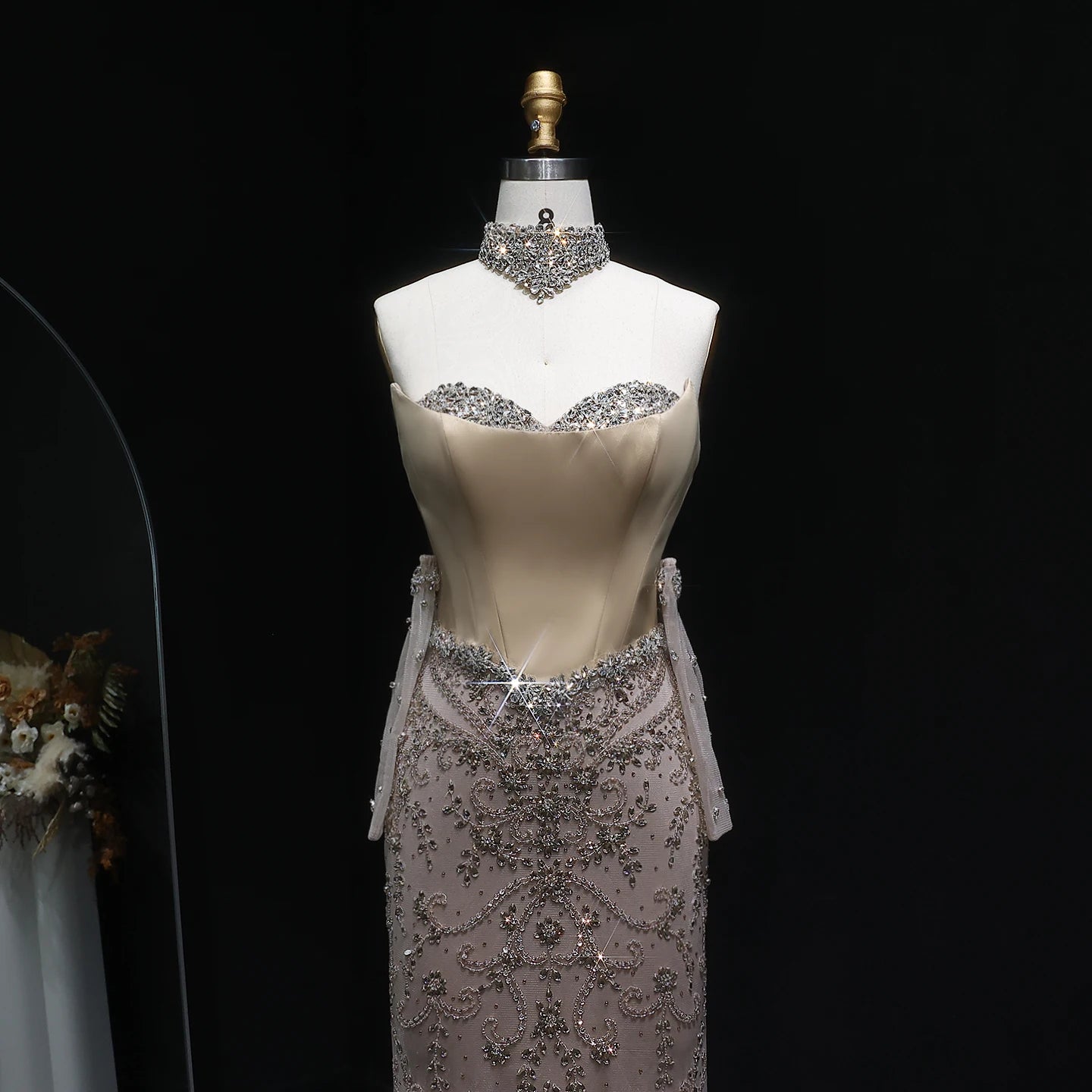 Champagne Beaded Mermaid Evening Gown with Gloves — Corset High Collar GCC — Riviera Couture GCC Luxury Evening Gown