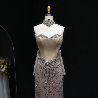 Champagne Beaded Mermaid Evening Gown with Gloves — Corset High Collar GCC — Riviera Couture GCC Luxury Evening Gown