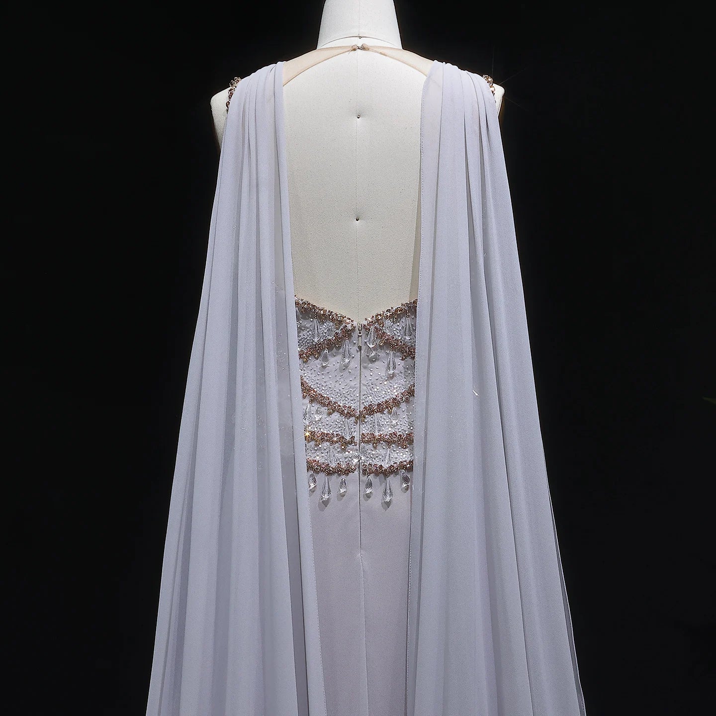 Blush Pink Silver Gold Cape Sleeve Evening Gown — Crystal Beaded Blush Pink — Riviera Couture GCC Luxury Evening Gown