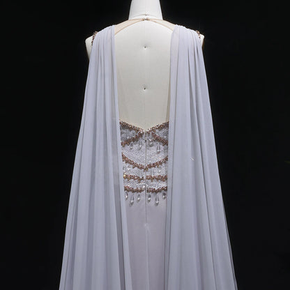 Blush Pink Silver Gold Cape Sleeve Evening Gown — Crystal Beaded Blush Pink — Riviera Couture GCC Luxury Evening Gown