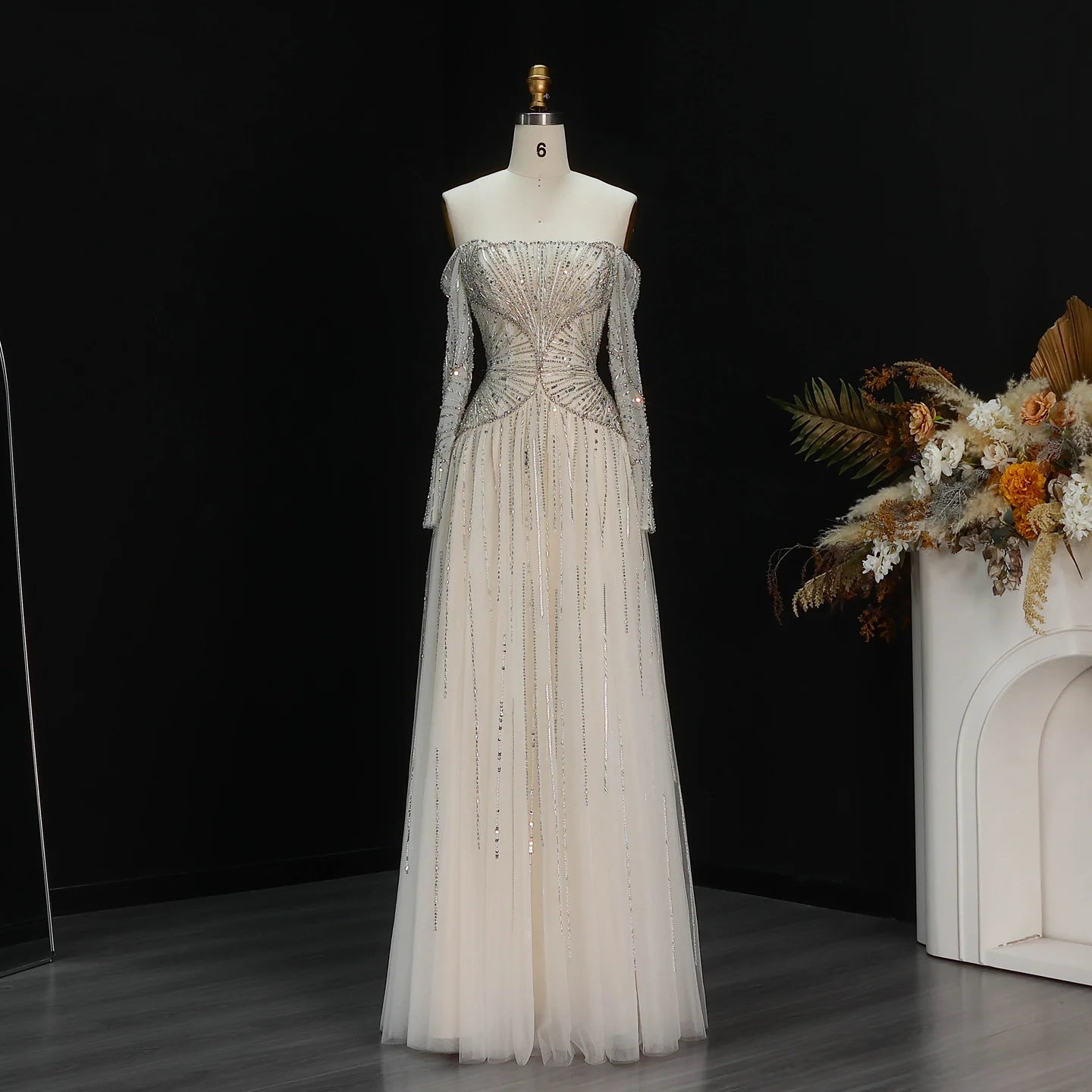 Beige Off Shoulder Long Sleeves Beaded Gown luxury evening dress by Riviera Couture