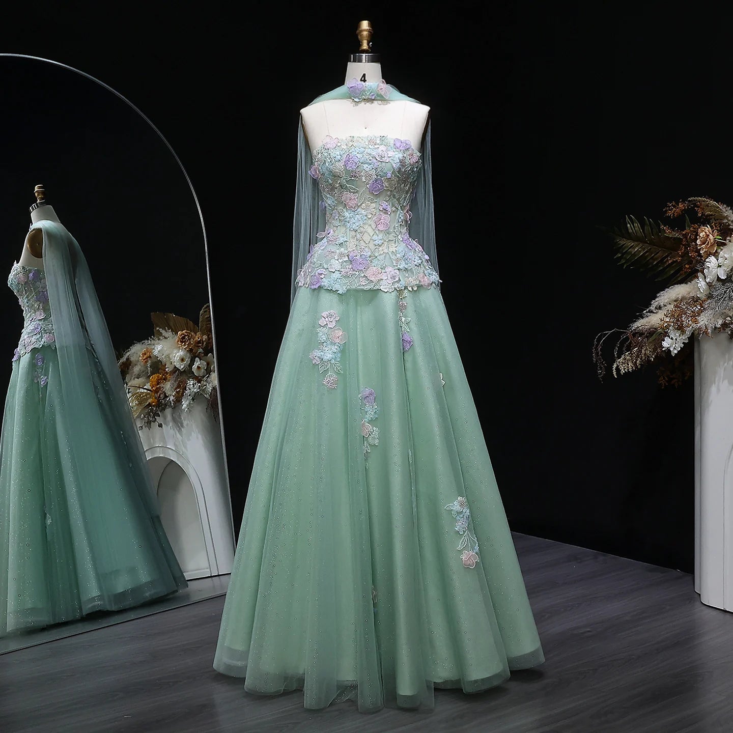 Sage Green A-Line Evening Gown with Scarf — 3D Flowers GCC 2026 — Riviera Couture GCC Luxury Evening Gown