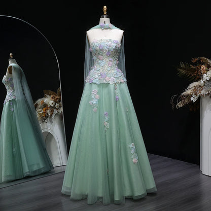 Sage Green A-Line Evening Gown with Scarf — 3D Flowers GCC 2026 — Riviera Couture GCC Luxury Evening Gown