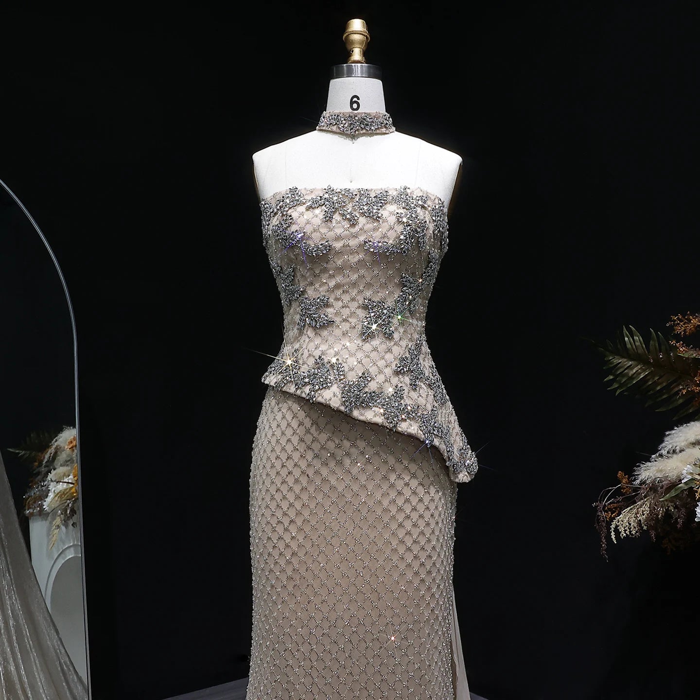 Champagne Crystal Sequined Mermaid Evening Gown with Cape — GCC Luxury 2026 — Riviera Couture GCC Luxury Evening Gown