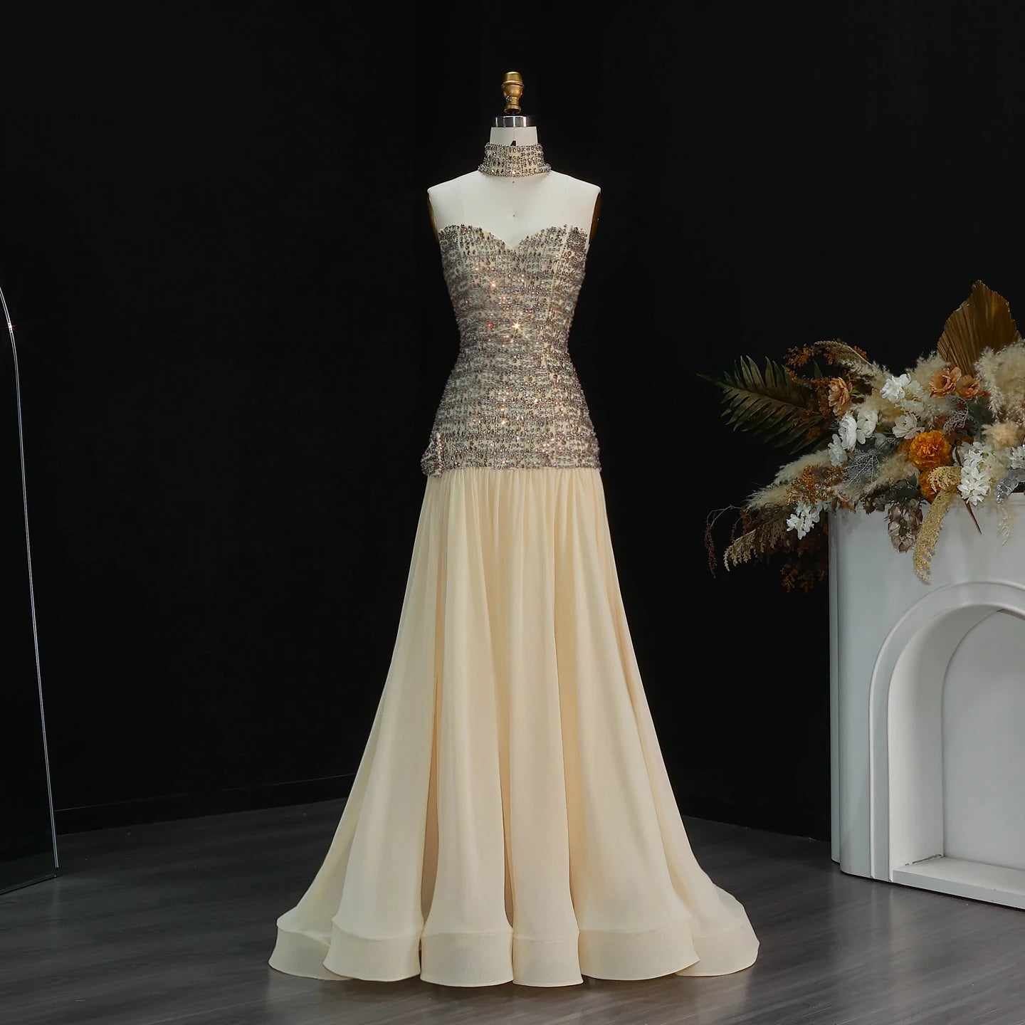Dubai A-Line Evening Gown — Beaded Crystal Bow Arabic Formal 2026 — Riviera Couture GCC Luxury Evening Gown