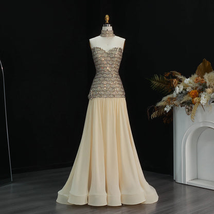 Dubai A-Line Evening Gown — Beaded Crystal Bow Arabic Formal 2026 — Riviera Couture GCC Luxury Evening Gown