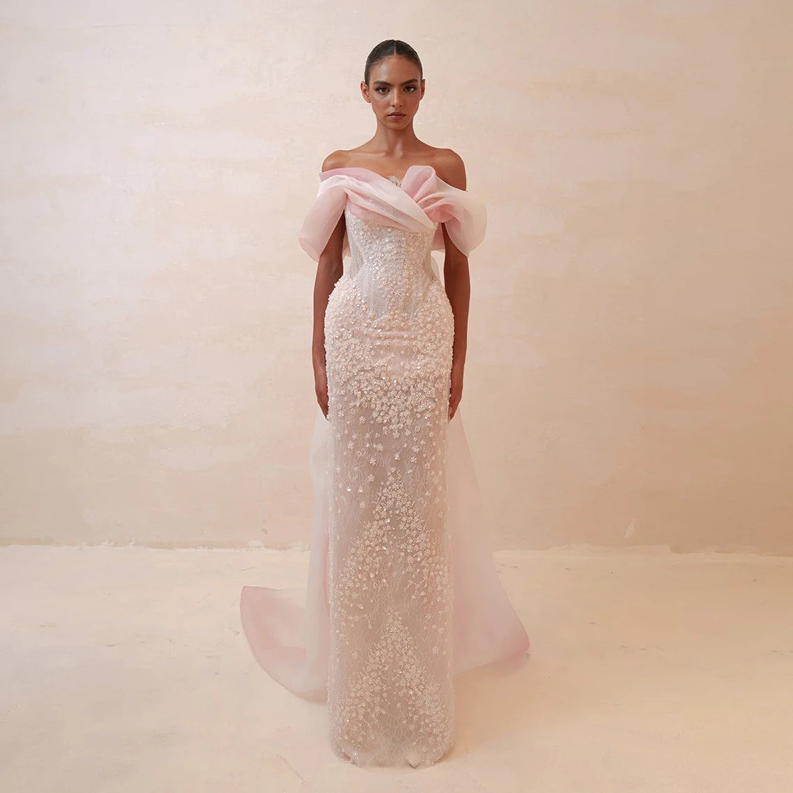 Blush Pink Off-Shoulder Sequined Evening Gown with Cape — GCC Wedding Formal — Riviera Couture GCC Luxury Evening Gown