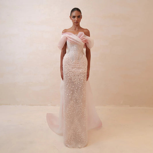 Blush Pink Off-Shoulder Sequined Evening Gown with Cape — GCC Wedding Formal — Riviera Couture GCC Luxury Evening Gown
