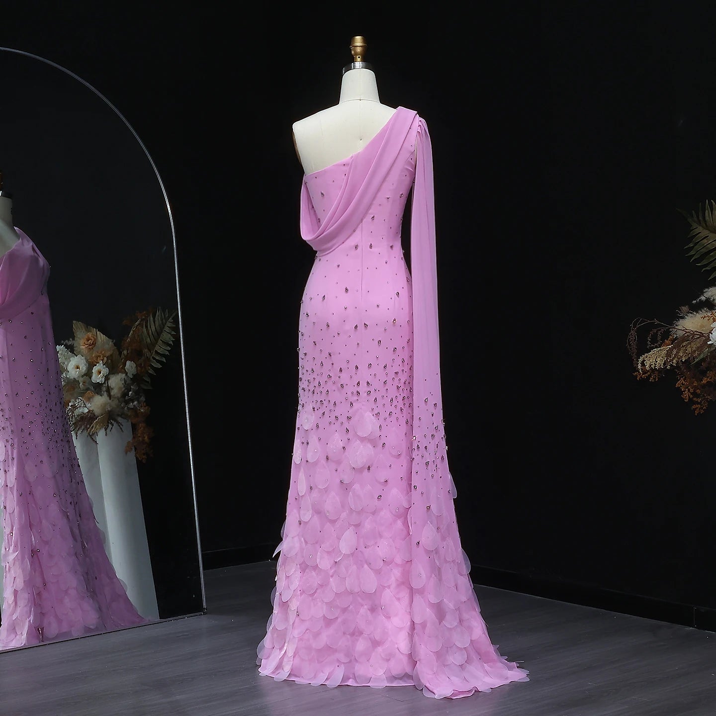 Pink Modest One-Shoulder Mermaid Evening Gown — 3D Leaves Crystal Cape — Riviera Couture GCC Luxury Evening Gown