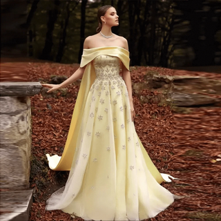 Yellow Satin Evening Dress with Cape - Riviera Couture