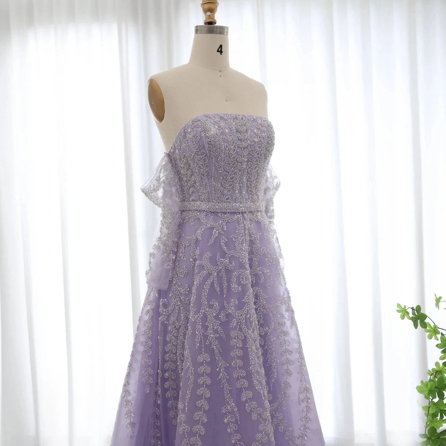 Beaded Lilac Evening Dress with Sleeve Gloves - Riviera Couture