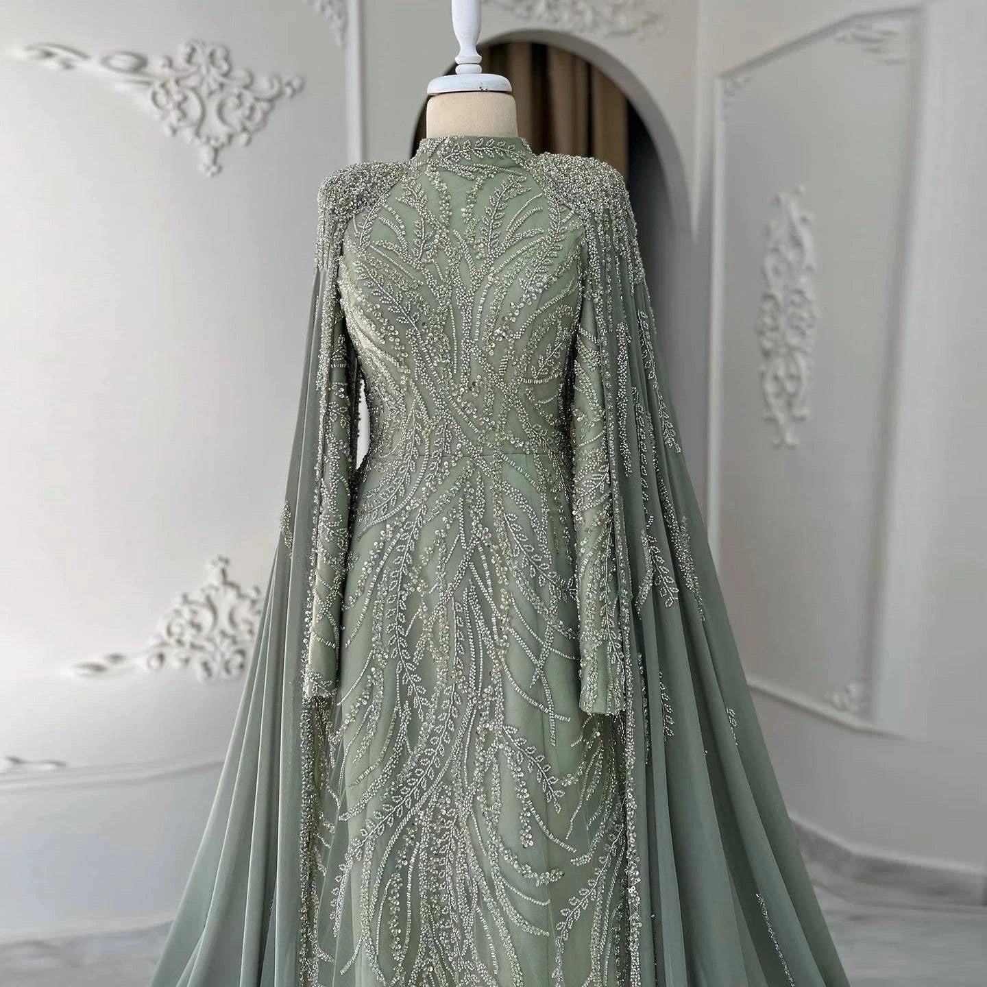 Beaded Sage Green Muslim High Neck Evening Dress with Cape Long Sleeves - Riviera Couture