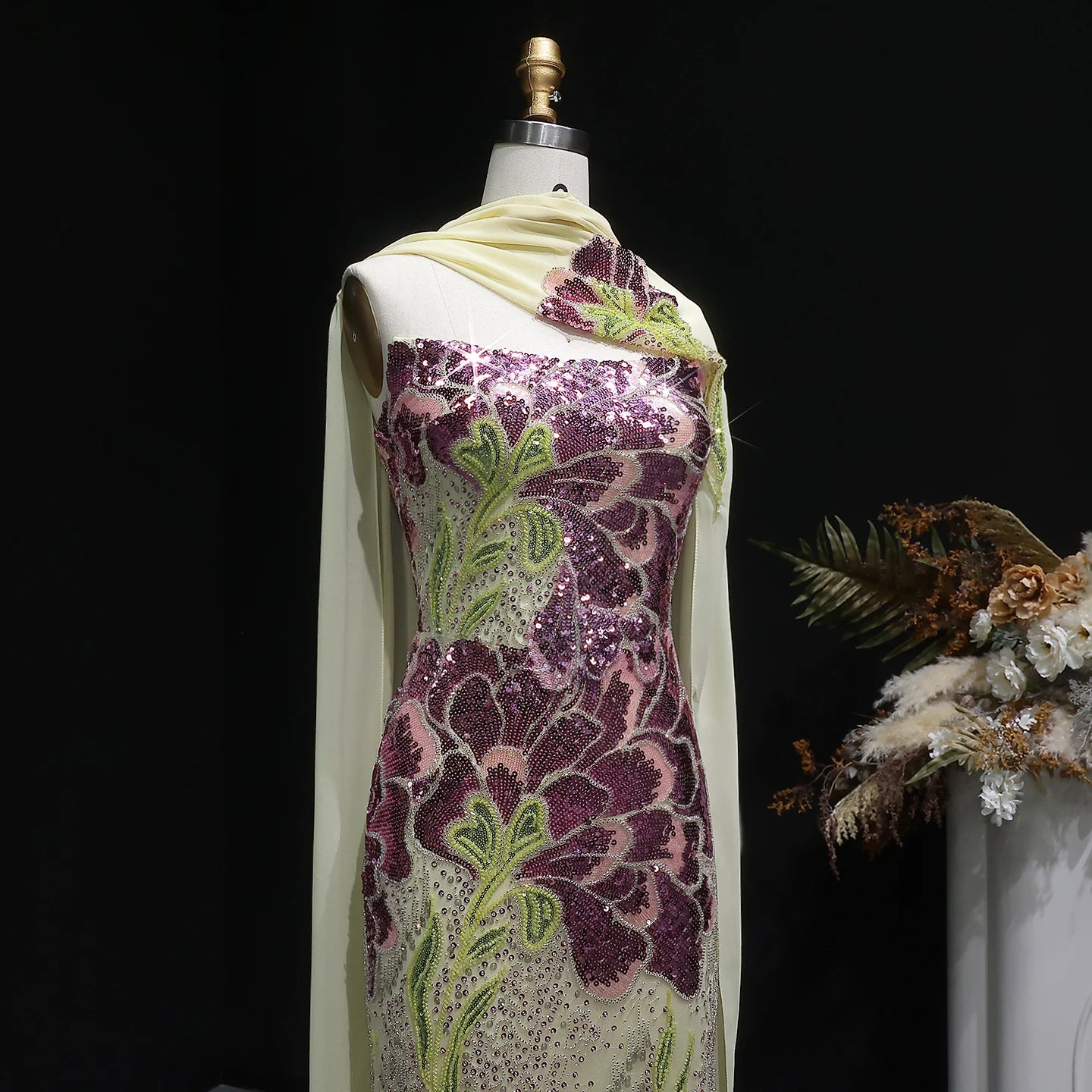 Beaded Sequined Mermaid Evening Gown with Scarf — GCC Luxury — Riviera Couture GCC Luxury Evening Gown