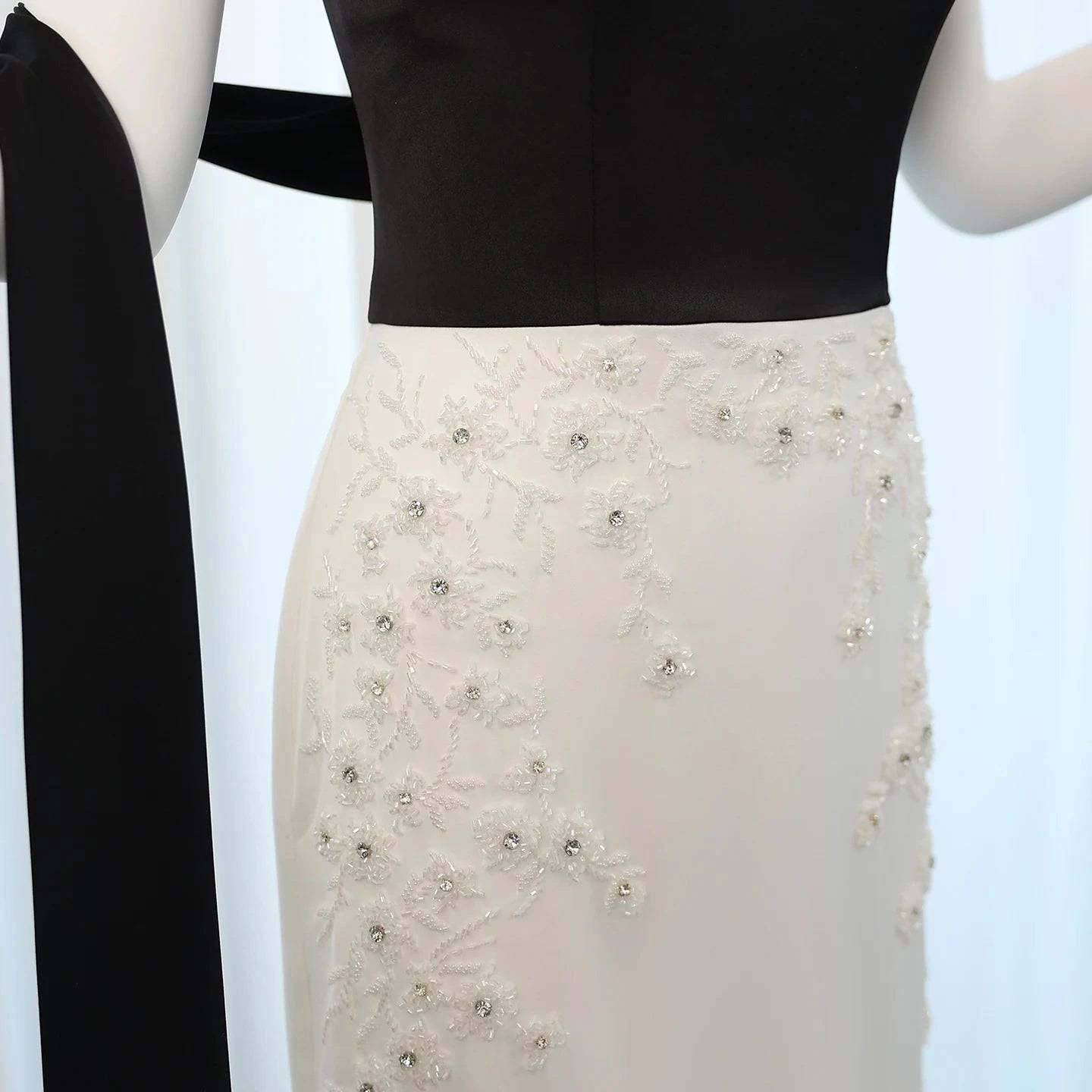 Black and White Strapless Evening Dress with Cape - Riviera Couture