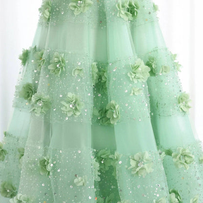 Sage Green 3D Flowers Evening Dress with Cape - Riviera Couture