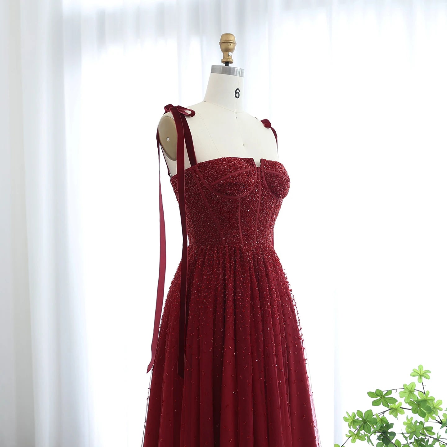 black Wine Red and Blush Pink Beaded Evening Gown with Straps — Dubai — Riviera Couture GCC Luxury Evening Gown