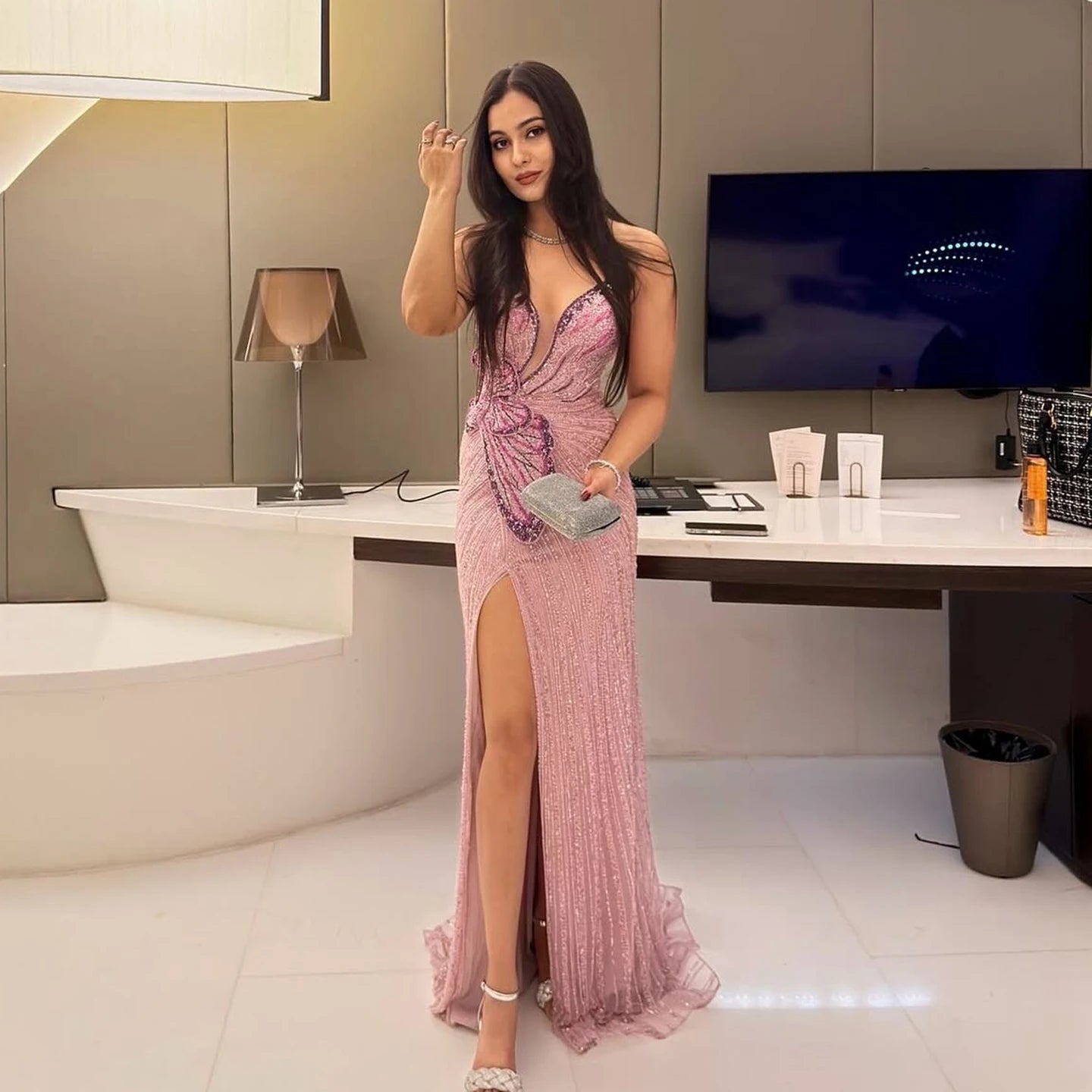 Champagne Pink Sweetheart Mermaid Evening Gown — Luxury Beaded Dubai Wedding — Riviera Couture GCC Luxury Evening Gown