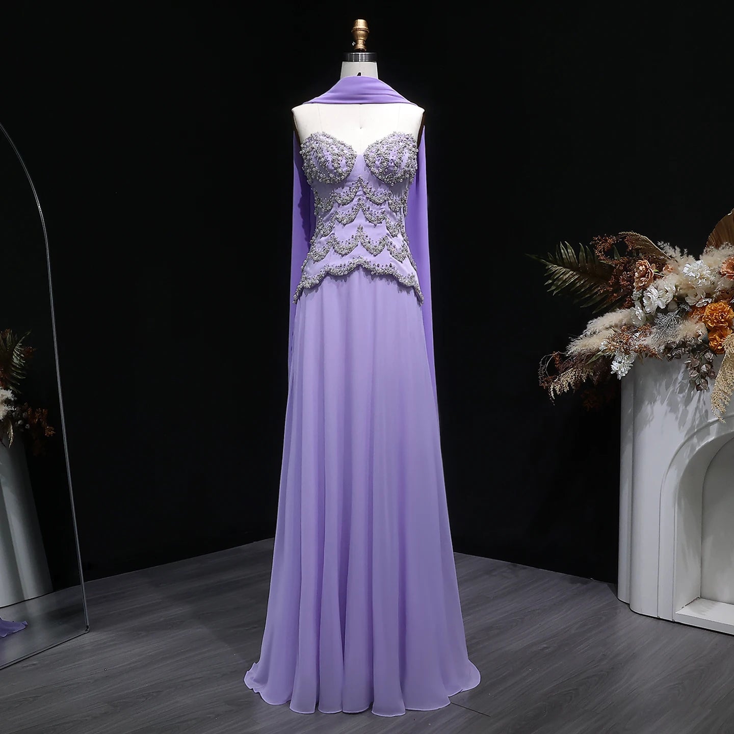 Purple Beaded A-Line Evening Gown with Scarf — Luxury GCC Formal — Riviera Couture GCC Luxury Evening Gown