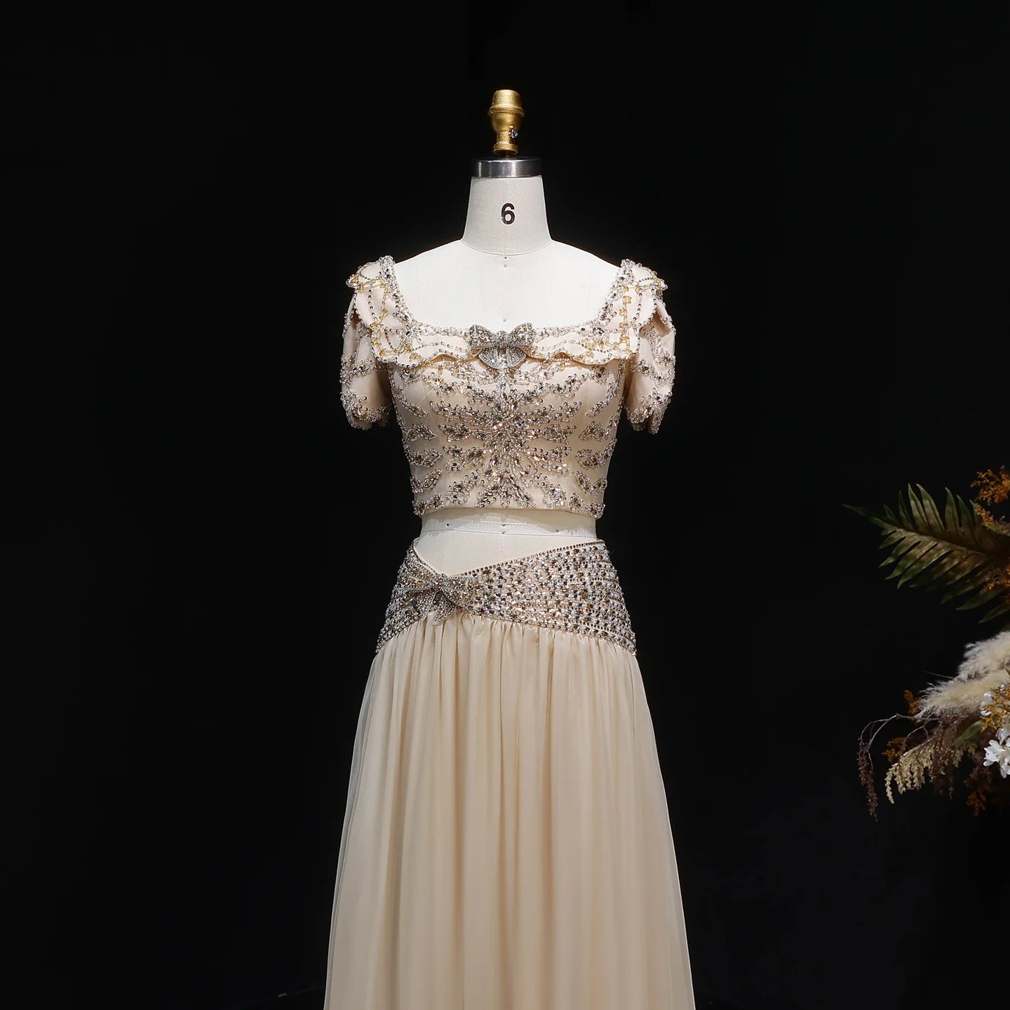 Champagne Champagne Two-Piece Evening Gown — Short Sleeve Sequined Bowknot — Riviera Couture GCC Luxury Evening Gown