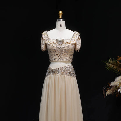 Champagne Champagne Two-Piece Evening Gown — Short Sleeve Sequined Bowknot — Riviera Couture GCC Luxury Evening Gown