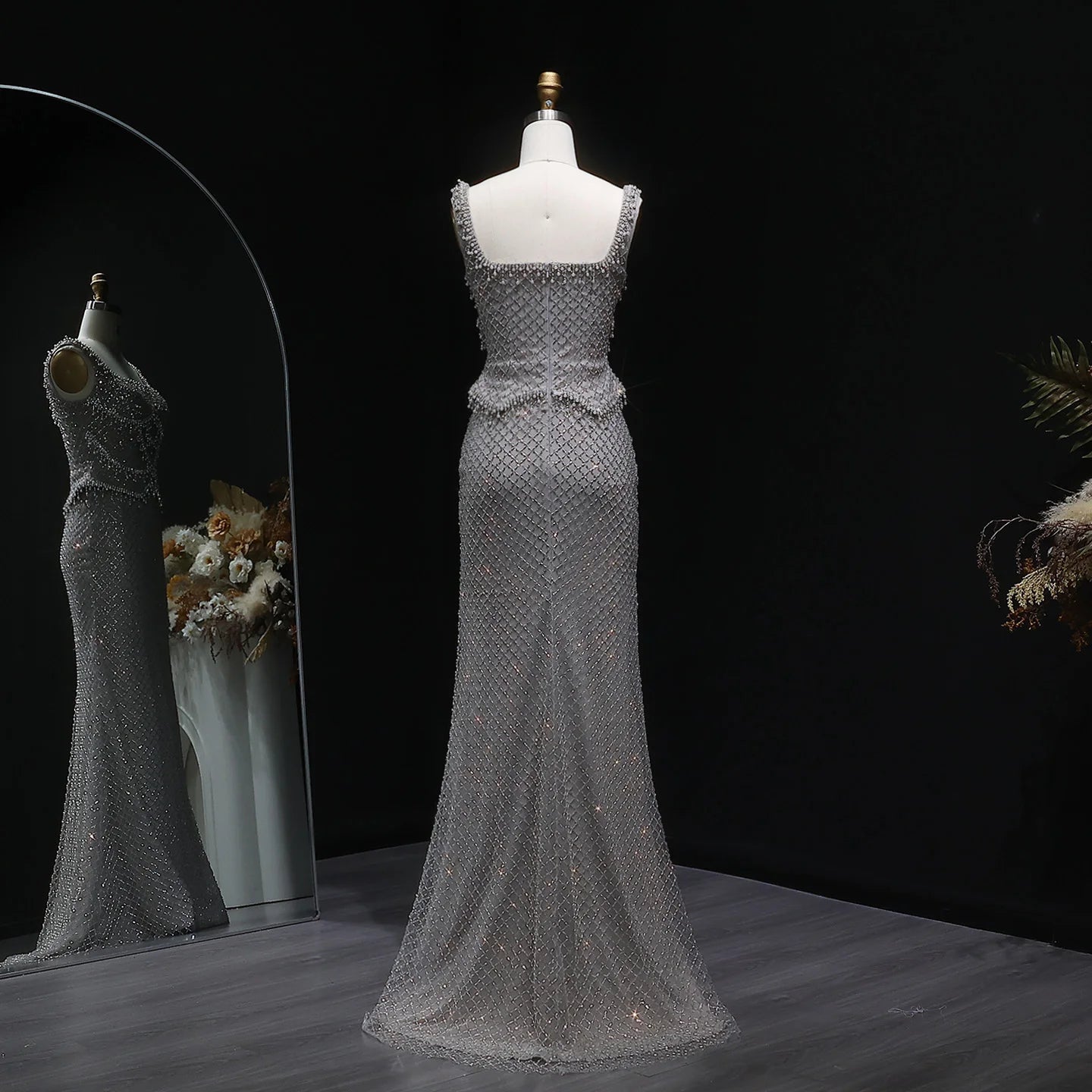 Champagne Gray Straight Evening Gown with Straps — Dubai Arabic Luxury Formal — Riviera Couture GCC Luxury Evening Gown