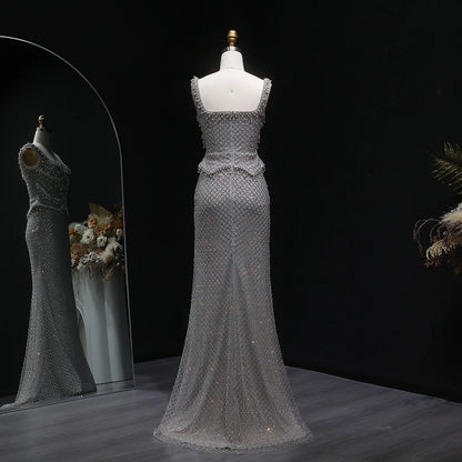 Champagne Gray Straight Evening Gown with Straps — Dubai Arabic Luxury Formal — Riviera Couture GCC Luxury Evening Gown
