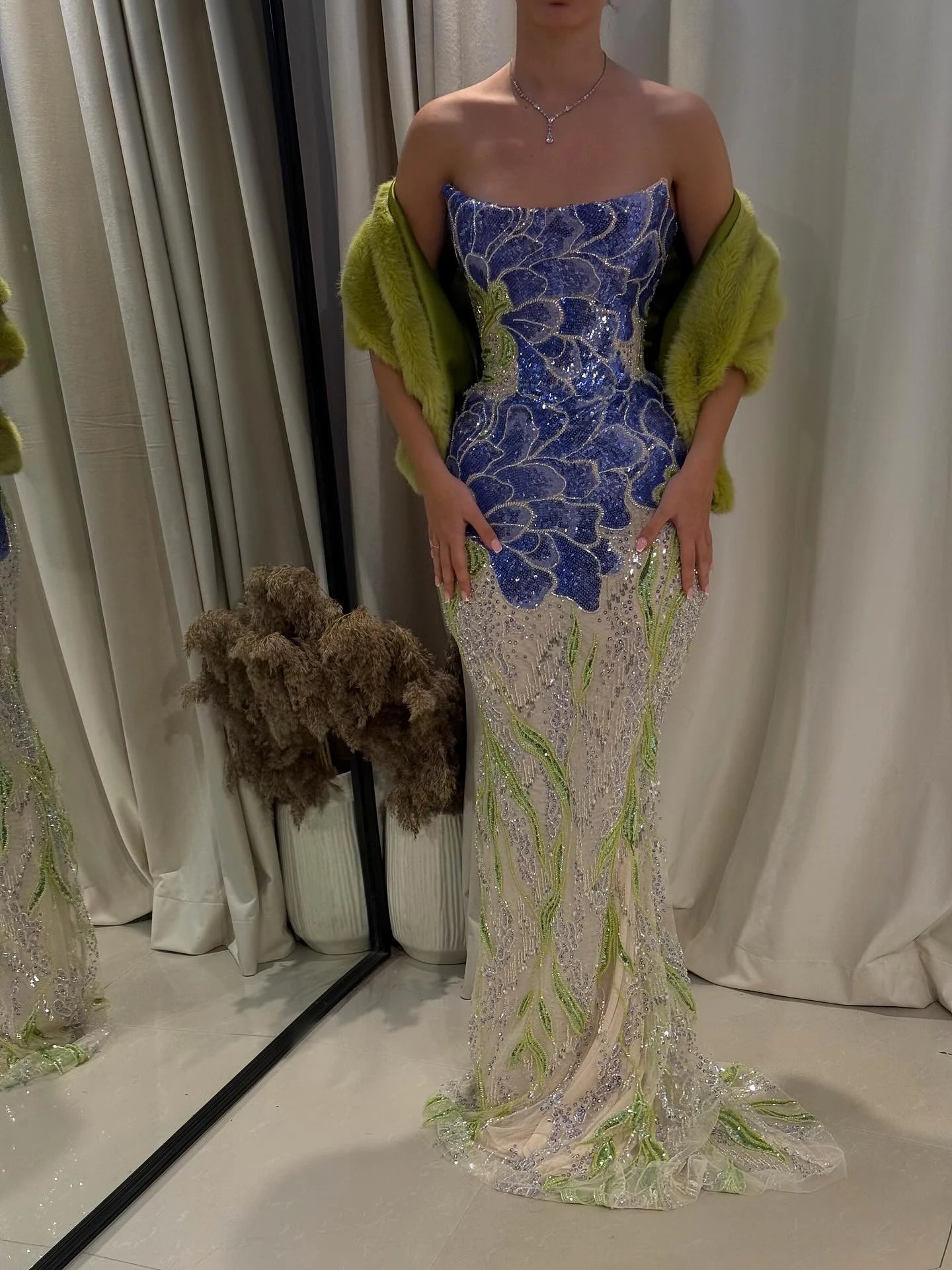 Purple Green Beaded Sequined Mermaid Evening Gown with Scarf — GCC Luxury — Riviera Couture GCC Luxury Evening Gown
