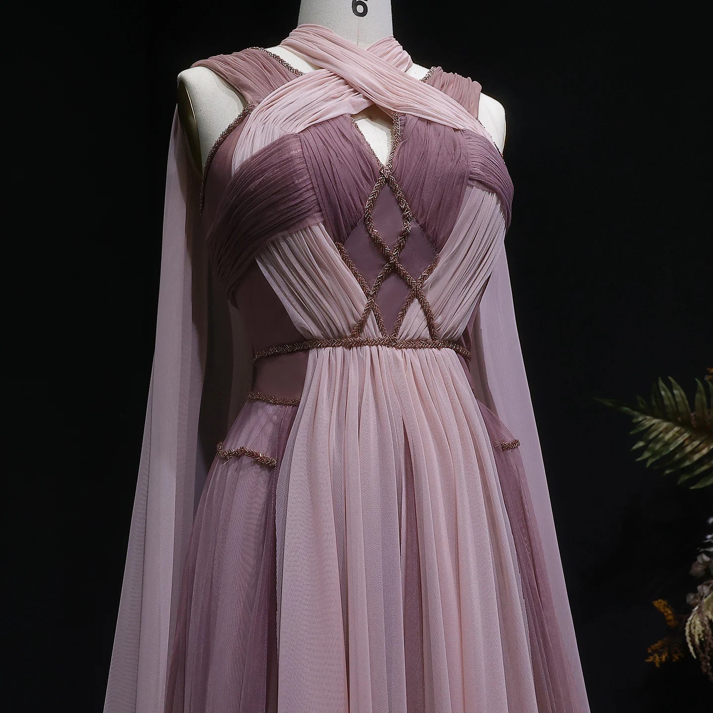 Ombre Pink Ombré Pink Cape Sleeve Evening Gown — Criss-Cross Halter Backless — Riviera Couture GCC Luxury Evening Gown