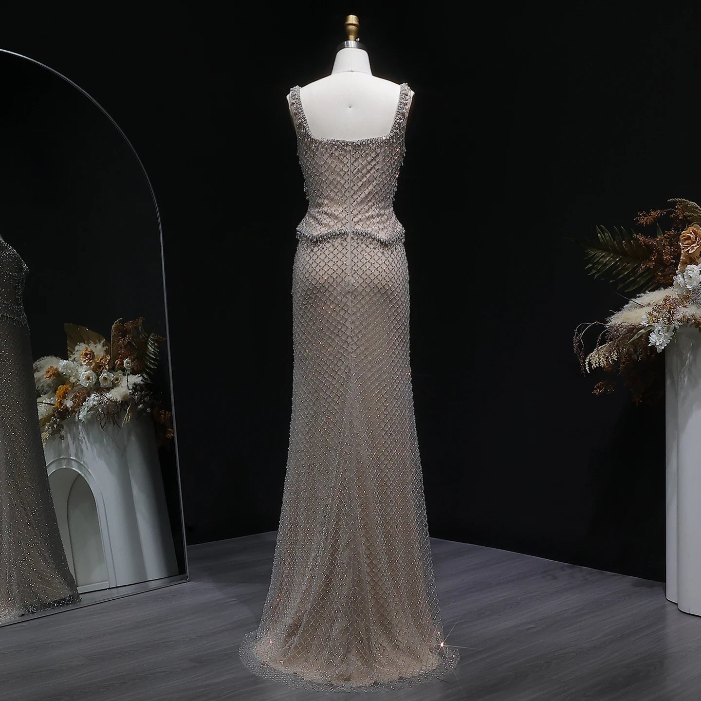 Champagne Gray Straight Evening Gown with Straps — Dubai Arabic Luxury Formal — Riviera Couture GCC Luxury Evening Gown