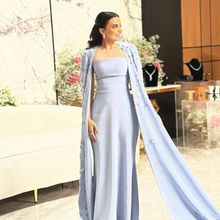 Blue Mermaid Evening Dress with Cape Sleeves - Riviera Couture