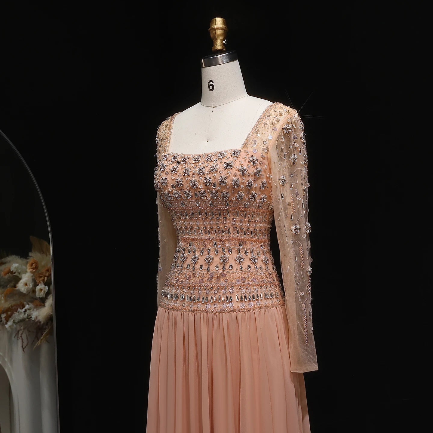 Green Long Sleeves Lilac Beaded Strapless Evening Gown with Flowing Chiffon Skirt — Riviera Couture GCC Luxury Evening Gown