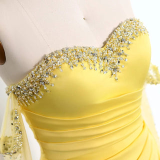 Sweetheart Yellow Satin Evening Dress with Gloves - Riviera Couture